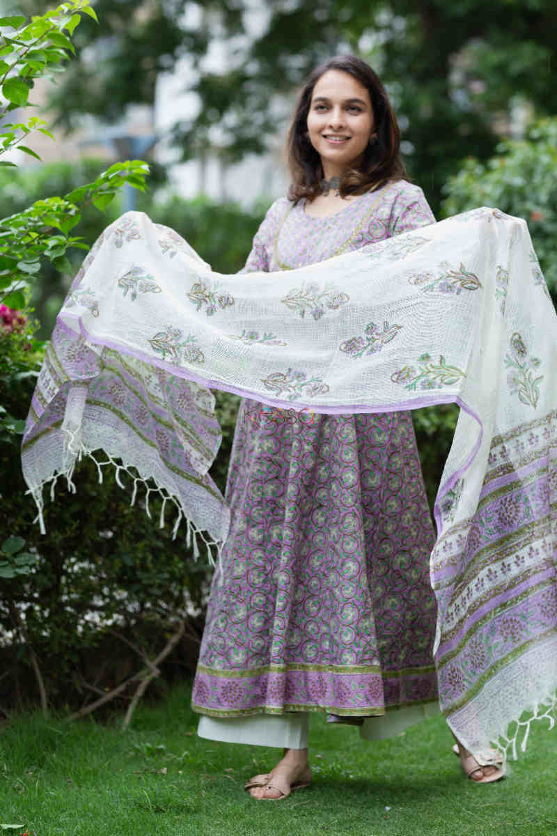 Image for Kusvaa Wsr190 Banafsha Anarkali And Dupatta Set With Hand Block Print Front