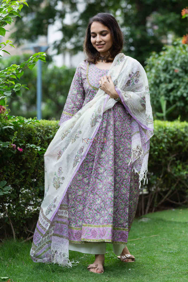 Image for Kusvaa Wsr190 Banafsha Anarkali And Dupatta Set With Hand Block Print Look 1