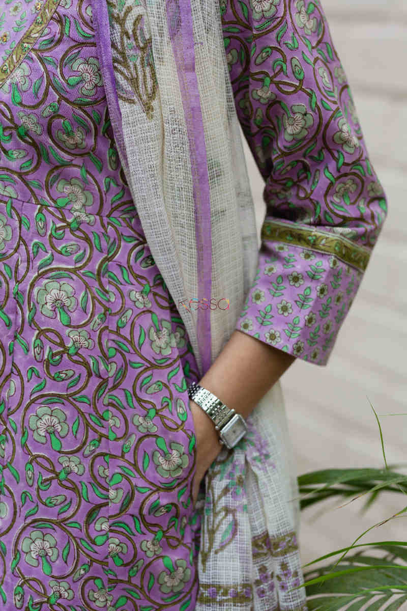 Image for Kusvaa Wsr190 Banafsha Anarkali And Dupatta Set With Hand Block Print Pocket