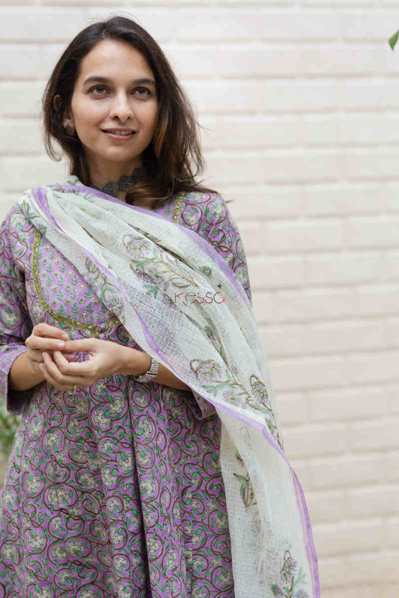 Image for Kusvaa Wsr190 Banafsha Anarkali And Dupatta Set With Hand Block Print Top
