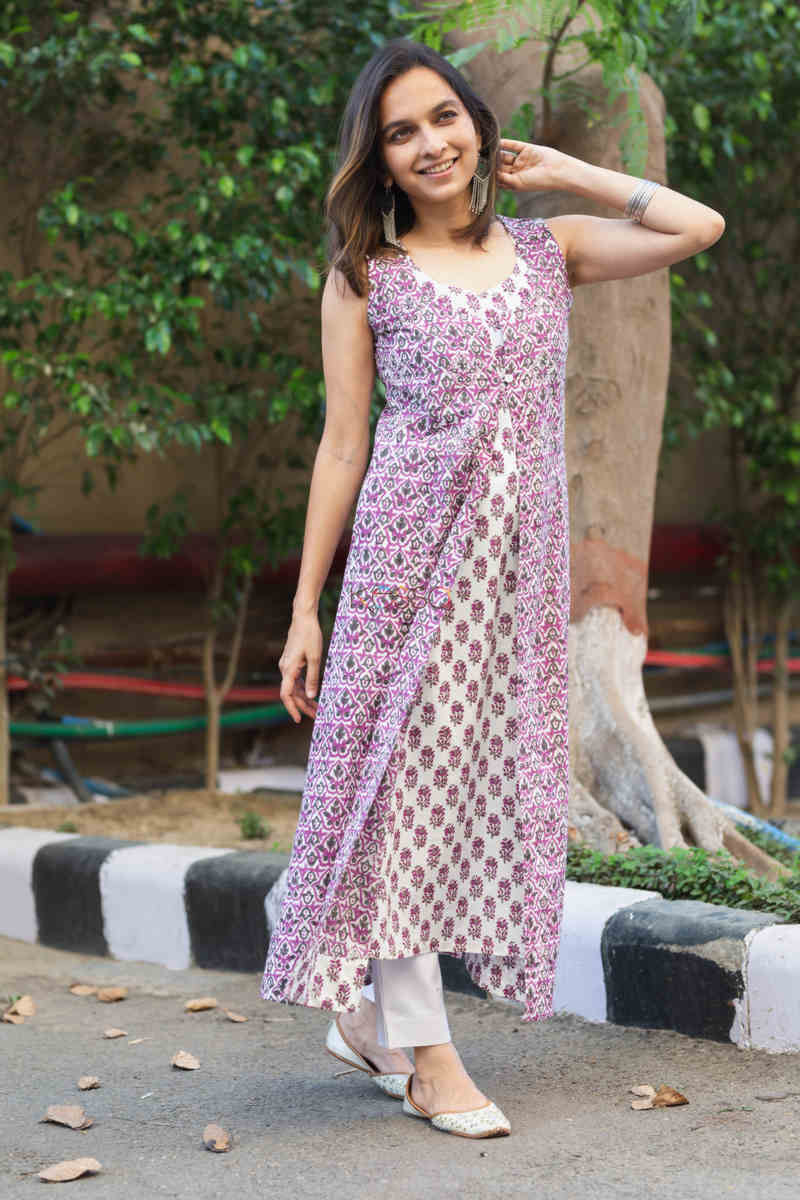 Image for Kusvaa Wsr200 Yakoot Layered Kurta With Hand Block Print Front