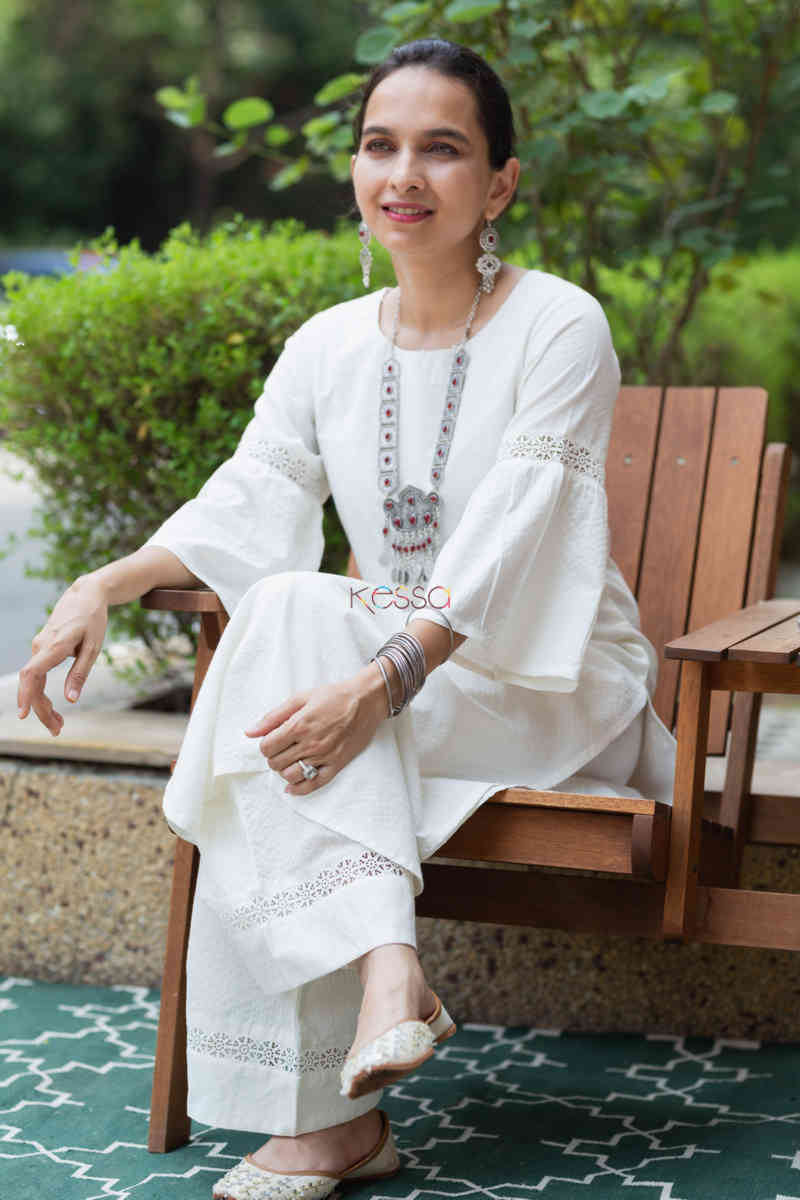 Image for Kusvaa Ws695 Mahru Cotton Dobby Kurta Palazzo Set Sitting