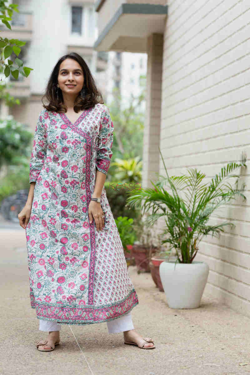 Image for Kusvaa Wsr203 Naazia Angrakha Kurta With Hand Block Print Front