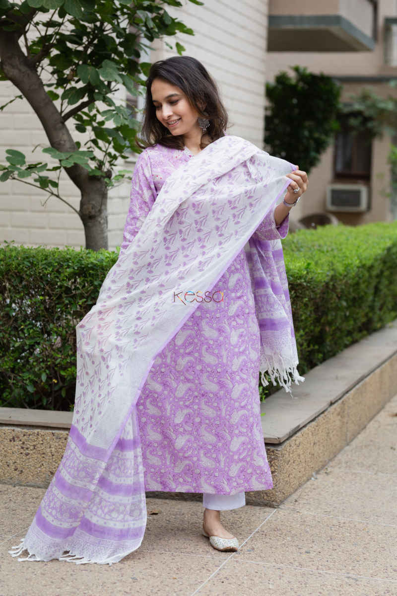 Image for Kusvaa Wsr204 Mushk Kurta Dupatta Set With Hand Block Print Look