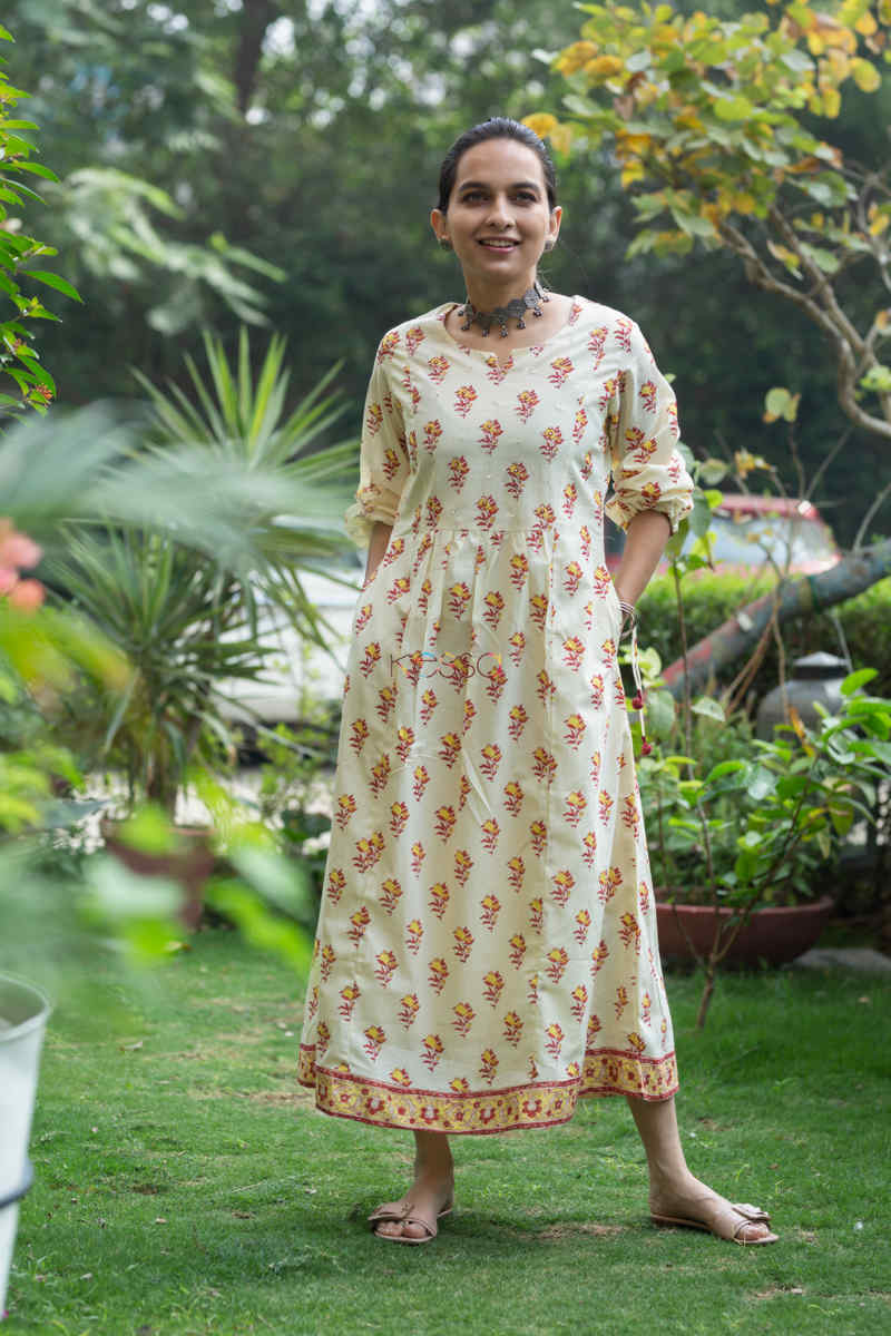 Image for Kusvaa Wsr205 Firaki Kurta With Hand Block Print And Mirror Work Featured