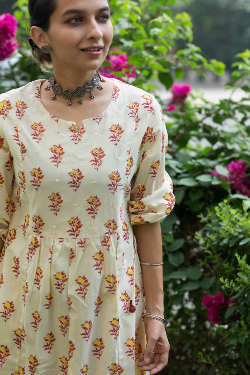 Image for Kusvaa Wsr205 Firaki Kurta With Hand Block Print And Mirror Work Front 1