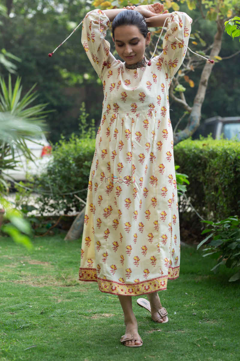 Image for Kusvaa Wsr205 Firaki Kurta With Hand Block Print And Mirror Work Look 1
