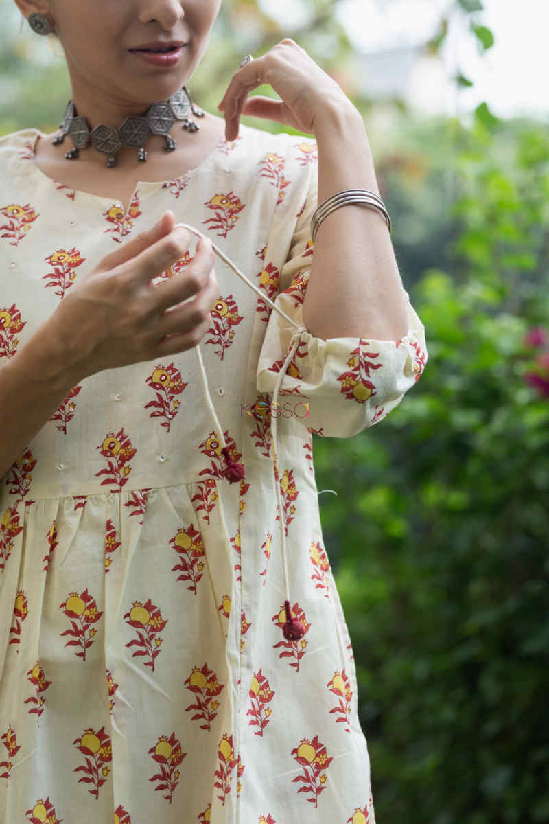 Image for Kusvaa Wsr205 Firaki Kurta With Hand Block Print And Mirror Work Sleeves