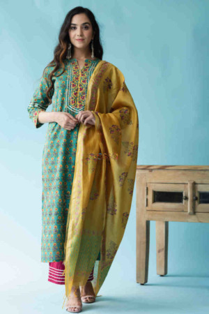 Image for Kusvaa Wsr210 Zemira Kurta Dupatta Set With Hand Block Print Featured