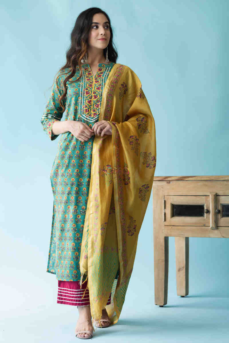 Image for Kusvaa Wsr210 Zemira Kurta Dupatta Set With Hand Block Print Look 1