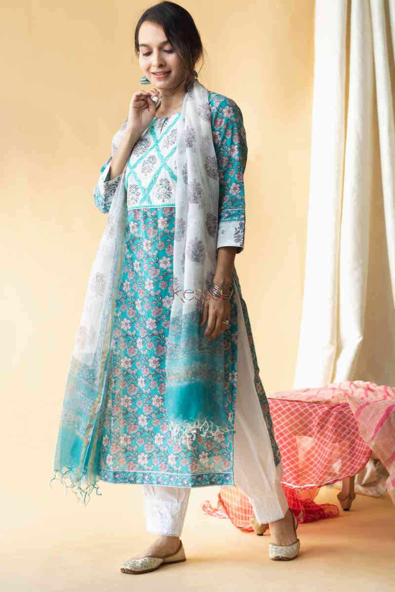 Image for Kusvaa Avdaf43 Oshin Kurta Dupatta Set With Pittan And Lace Details Look