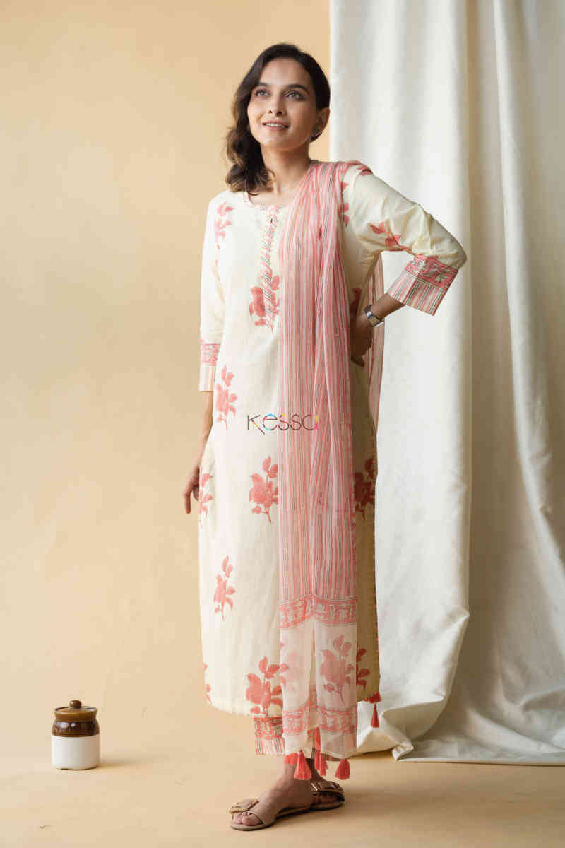 Image for Kusvaa Avdaf49 Ashmeera Kurta Pant And Dupatta Set With Hand Block Print Front 1