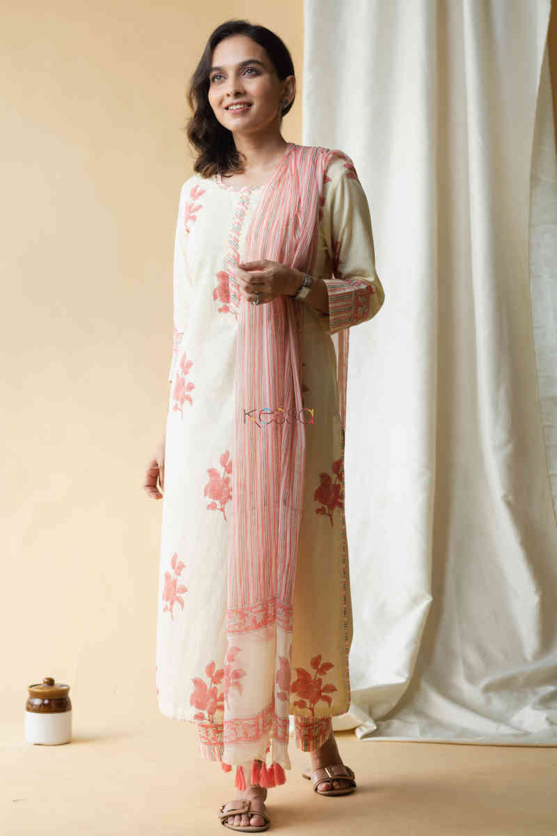 Image for Kusvaa Avdaf49 Ashmeera Kurta Pant And Dupatta Set With Hand Block Print Front