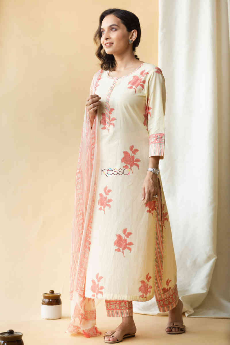 Image for Kusvaa Avdaf49 Ashmeera Kurta Pant And Dupatta Set With Hand Block Print Side 1