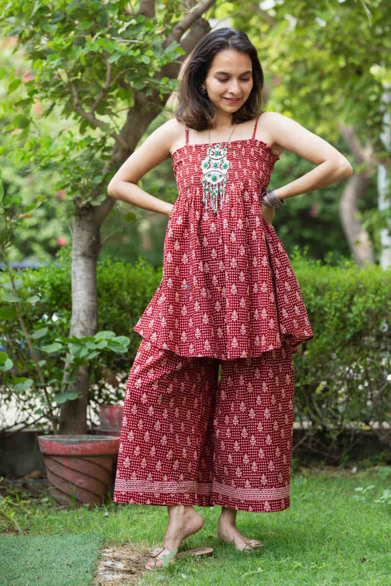 Image for Kusvaa Kcb14 Tabeer Top And Palazzo Set With Hand Block Print Front 1