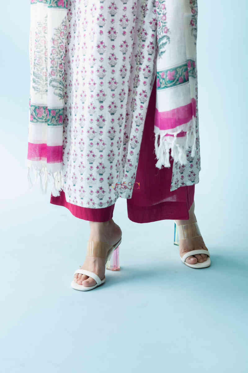 Image for Kusvaa Wsr217 Gajra Kurta Dupatta Set With Hand Block Print Bottom