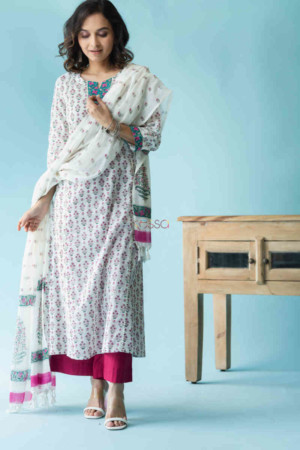 Image for Kusvaa Wsr217 Gajra Kurta Dupatta Set With Hand Block Print Featured