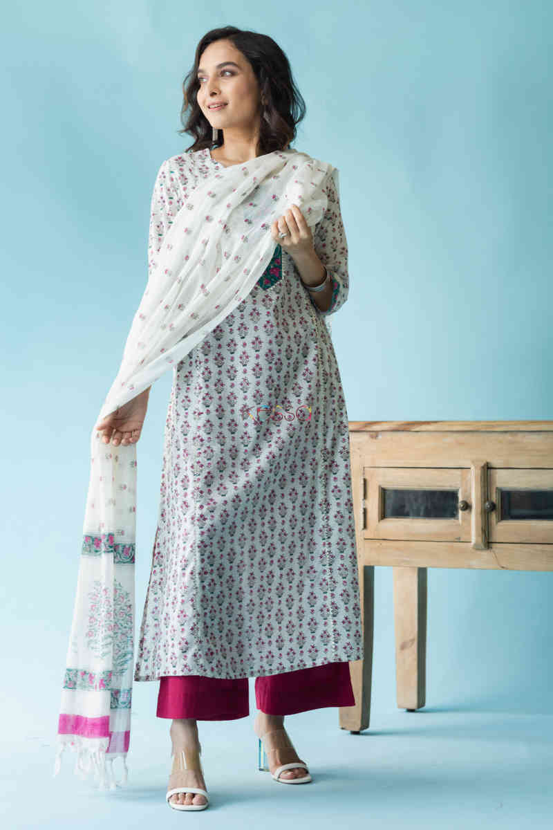 Image for Kusvaa Wsr217 Gajra Kurta Dupatta Set With Hand Block Print Front 1