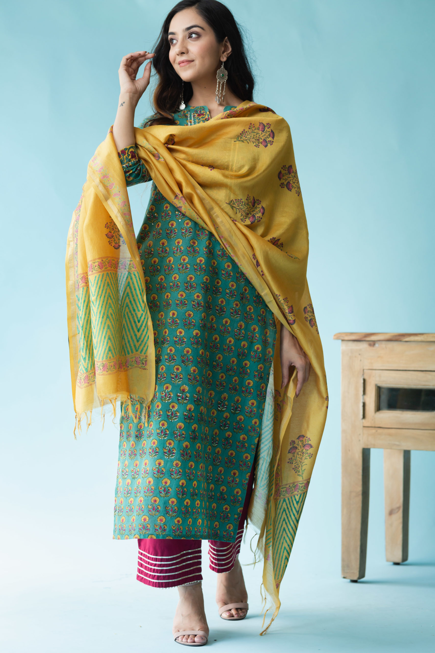 green kurta dupatta set