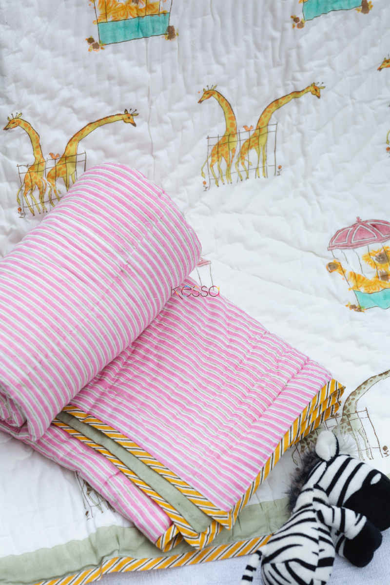 Image for Kusvaa Kaq158 Husk Yellow Baby Quilt With Hand Block Print Closeup