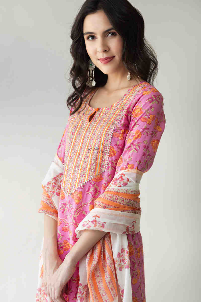 Image for Kusvaa Vcr57 Aygul Kurta Dupatta Set With Aari, Mirror And Tikki Work Side