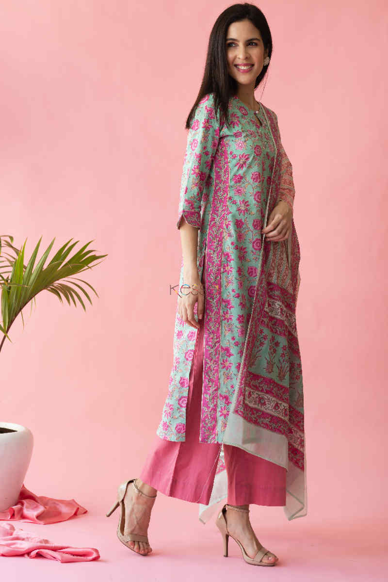 Image for Kusvaa Vcr61 Arokya Kurta And Dupatta Set With Hand Block Print Look