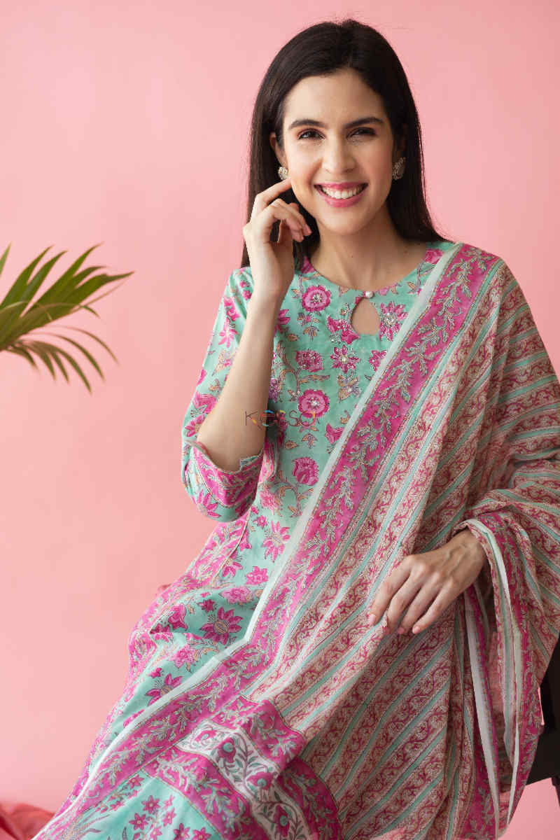 Image for Kusvaa Vcr61 Arokya Kurta And Dupatta Set With Hand Block Print Sitting