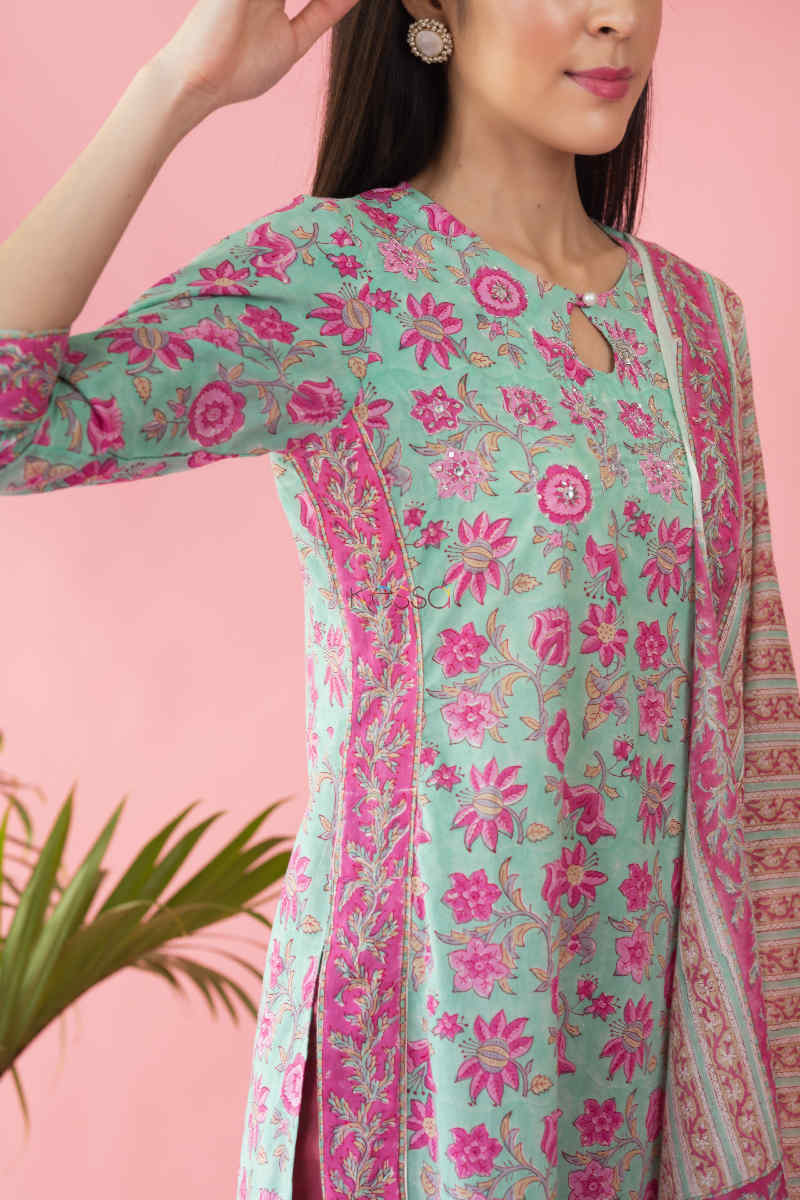 Image for Kusvaa Vcr61 Arokya Kurta And Dupatta Set With Hand Block Print Sleeve