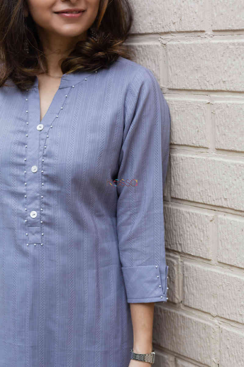 Image for Kusvaa Ws713 Nafees Kurta With Moti And Shell Button Details Closeup