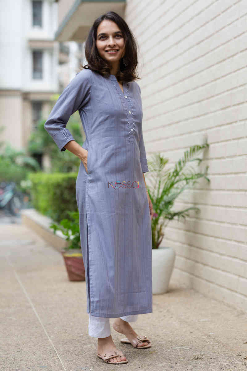 Image for Kusvaa Ws713 Nafees Kurta With Moti And Shell Button Details Side 1