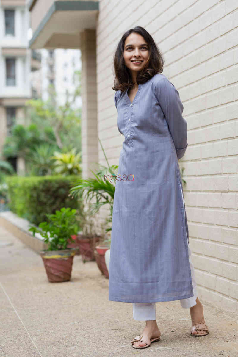 Image for Kusvaa Ws713 Nafees Kurta With Moti And Shell Button Details Side