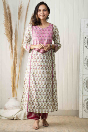 Image for Kusvaa Wsr225 Shaakh Kurta With Hand Block Print Featured