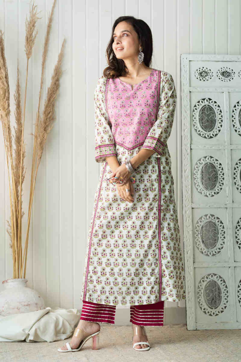 Image for Kusvaa Wsr225 Shaakh Kurta With Hand Block Print Front 1