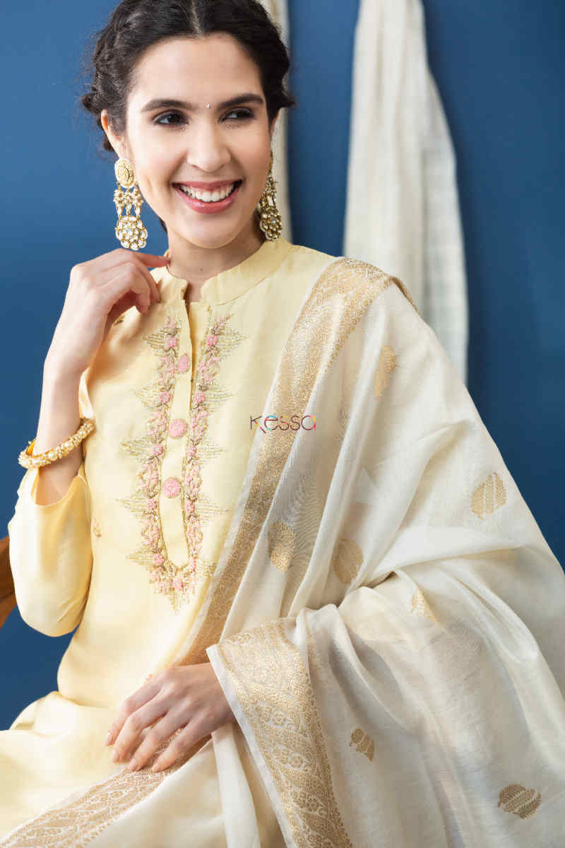 Image for Kusvaa Ke11 Ramya Chanderi Silk Straight Fit Kurta Sitting 1