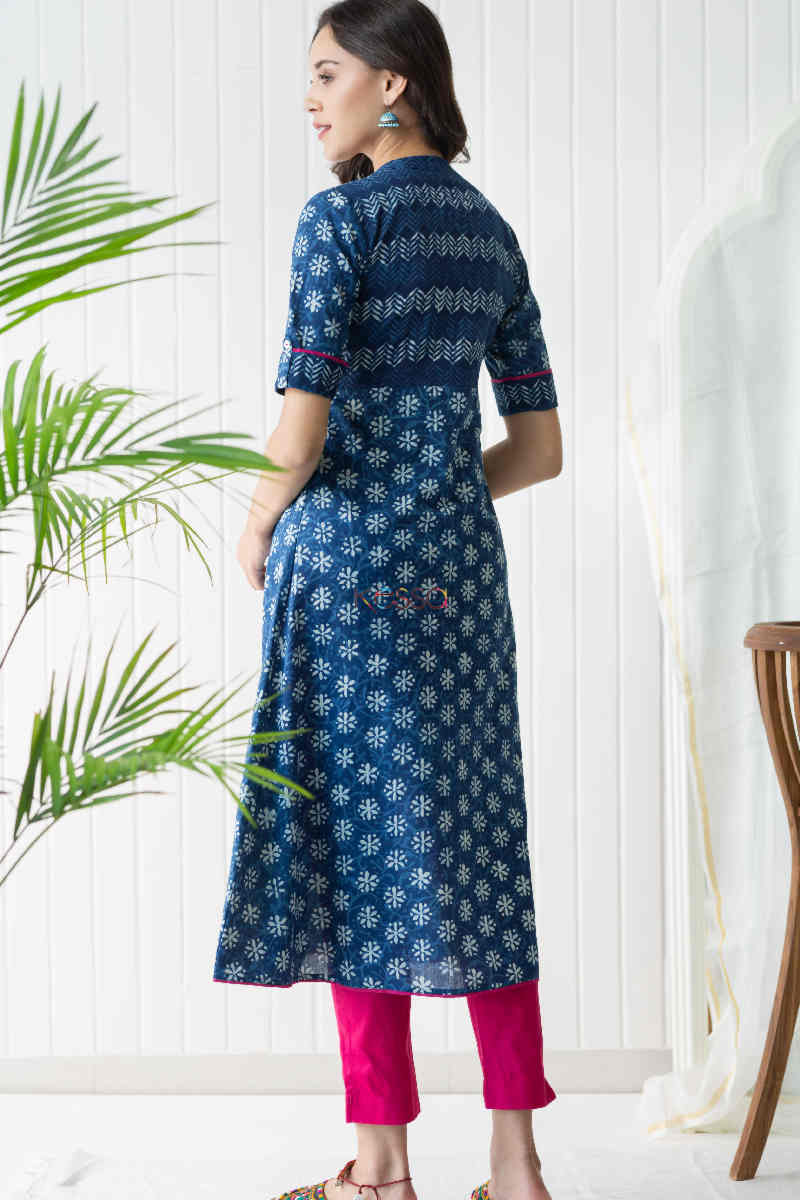 Image for Kusvaa Vcr67 Shiza Indigo Blue A Line Kurta Bagru Print Kurta Back