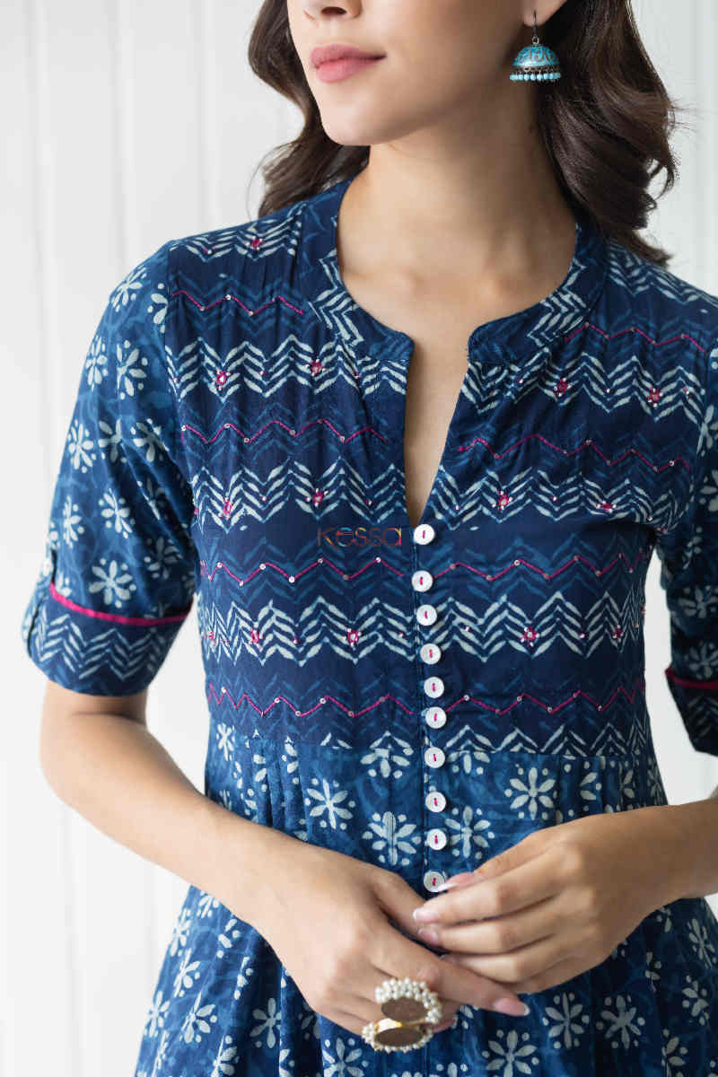 Image for Kusvaa Vcr67 Shiza Indigo Blue A Line Kurta Bagru Print Kurta Closeup