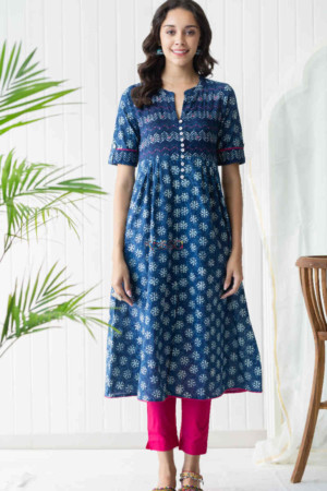 Image for Kusvaa Vcr67 Shiza Indigo Blue A Line Kurta Bagru Print Kurta Featured