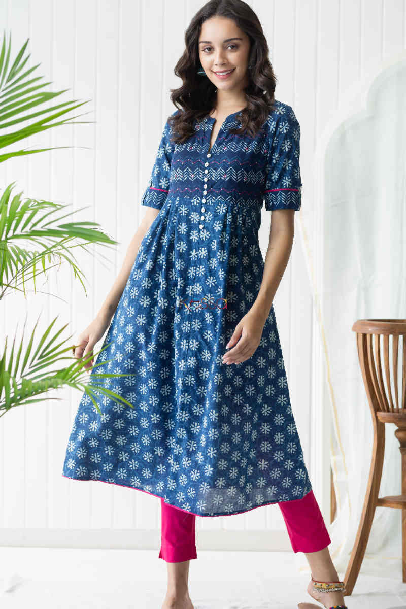 Image for Kusvaa Vcr67 Shiza Indigo Blue A Line Kurta Bagru Print Kurta Front