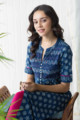 Image for Kusvaa Vcr67 Shiza Indigo Blue A Line Kurta Bagru Print Kurta Sitting