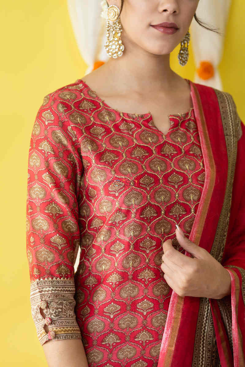 Image for Kusvaa Ws728 Sindura Straight Kurta And Dupatta Set Closeup