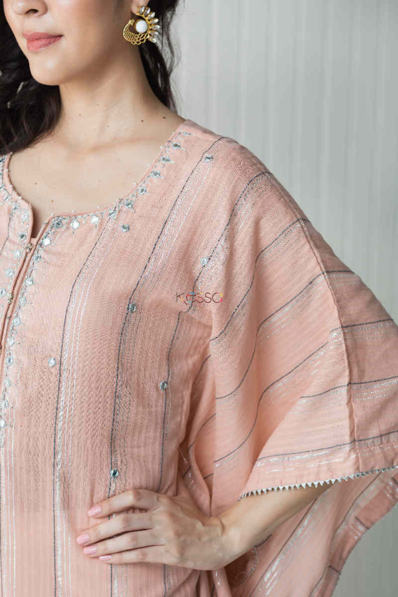 Image for Kusvaa Ws736 Maliha Pink Cotton Kaftan With Mirror Work Closeup