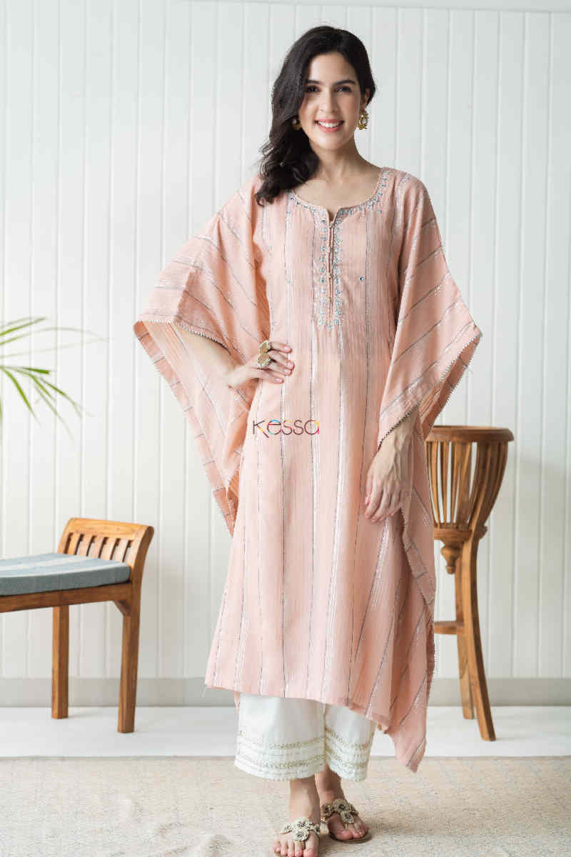 Image for Kusvaa Ws736 Maliha Pink Cotton Kaftan With Mirror Work Featured