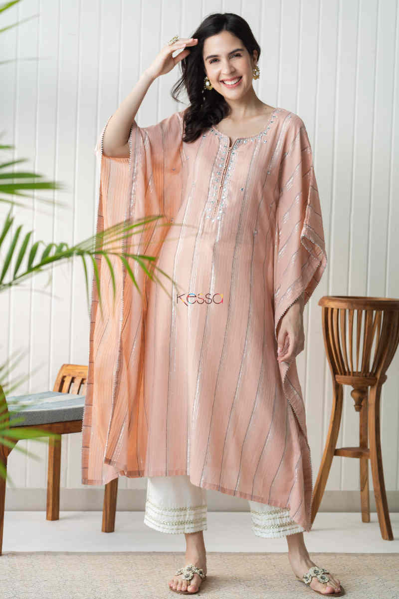Image for Kusvaa Ws736 Maliha Pink Cotton Kaftan With Mirror Work Look
