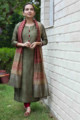 Image for Kusvaa Ws740 Elegant Army Green Chanderi Kurta With Block Printed Dupatta Front