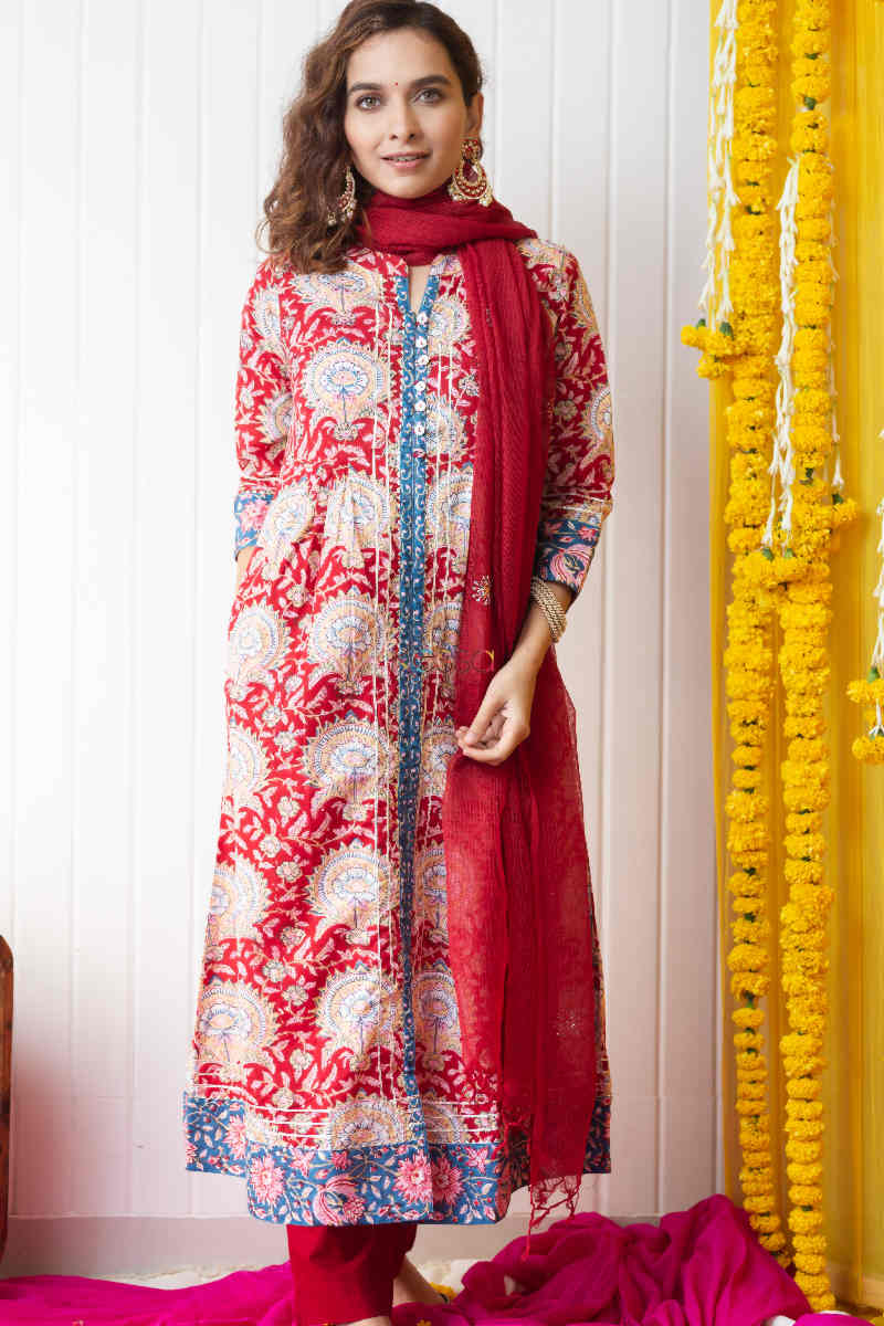 Image for Kusvaa Wsr231 Gulbadan Block Print A Line Kurta With Dupatta 1 Featured