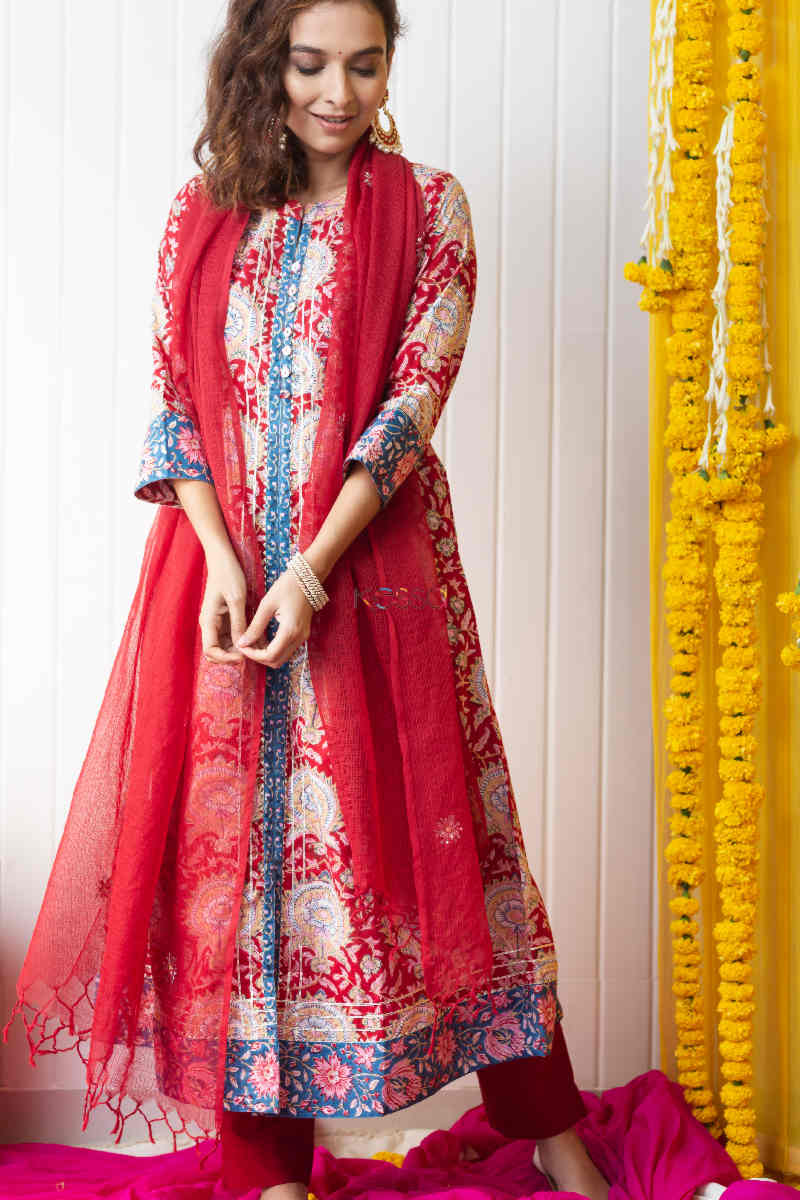 Image for Kusvaa Wsr231 Gulbadan Block Print A Line Kurta With Dupatta 1 Front