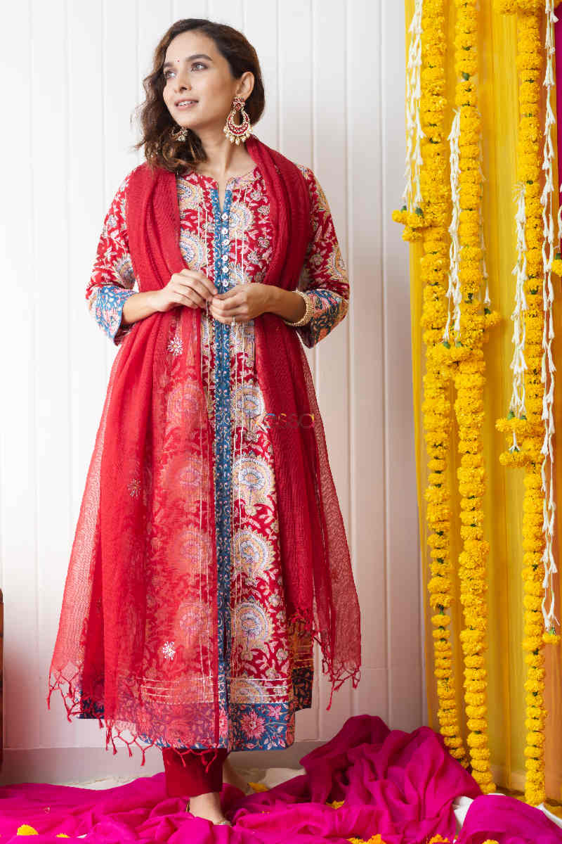 Image for Kusvaa Wsr231 Gulbadan Block Print A Line Kurta With Dupatta 1 Look