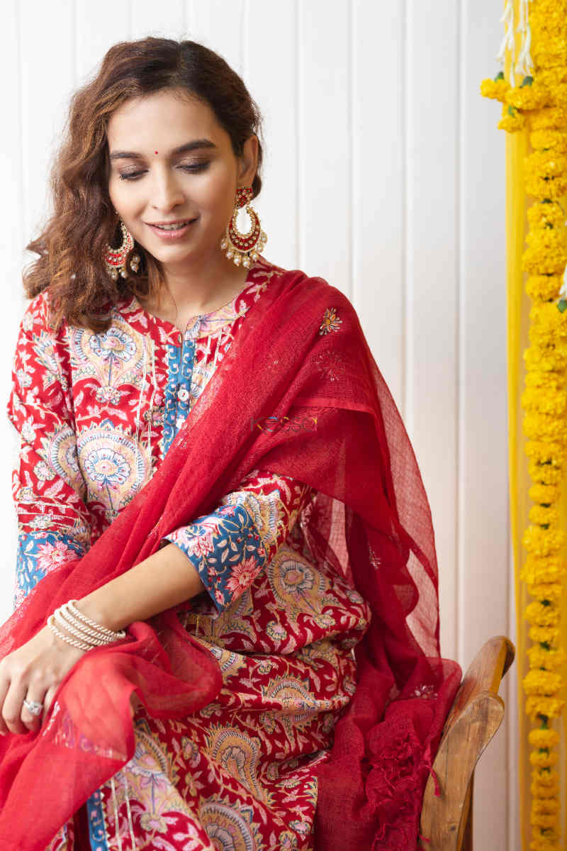 Image for Kusvaa Wsr231 Gulbadan Block Print A Line Kurta With Dupatta 1 Top
