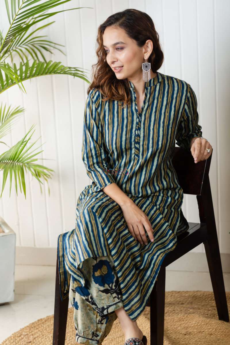 Image for Kusvaa Avdaf74 Prisha Stripe Block Print Kurta And Pant Set Sitting