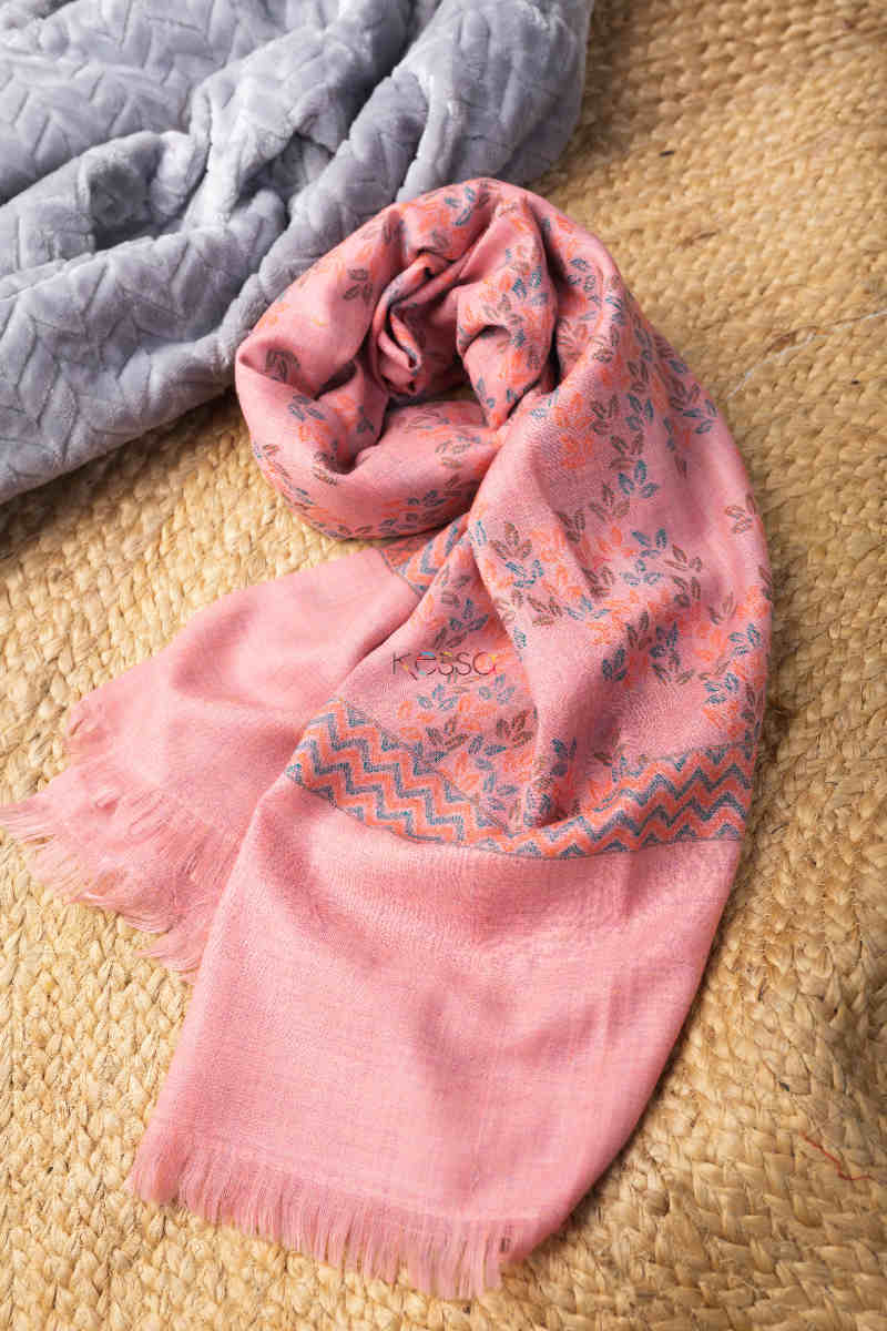 Image for Kusvaa Kusl27 Maple Leaves Jammawar Work Peach Woolen Shawl Look